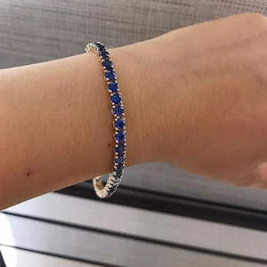 Round Cut Blue Sapphire Tennis Chain Bracelet Gemstone Classic Tennis Bracelets | Round blue sapphire tennis bracelet gold