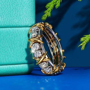 Luxury 16-stone Ring For Women X Ring Sixteen Stone Diamond Eternity Ring, 925 Sterling silver and Yellow Gold Band Ring X Band Cross Band