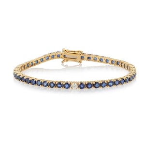 Blue Sapphire tennis bracelet 14K gold plated with lab grown diamond, Round Sapphire tennis bracelet gold Art Deco vintage sapphire bracelet