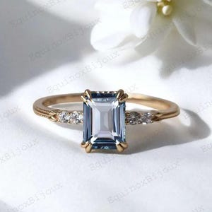 Aquamarine Ring, Emerald Cut Ring 14K yellow Gold Engagement Ring Gift For Her, Sterling Silver Ring, March Birthstone Delicate ring For Her