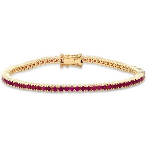May include: A gold-toned bracelet with a row of small, vibrant red gemstones. The bracelet features a secure clasp and is set against a white background. The gemstones are evenly spaced, creating a continuous line of color.