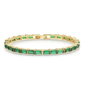 Baguette Emerald Tennis Bracelet/ 14K Gold plated Emerald Bracelet/ Genuine Emerald Bracelet / Stackable Bracelet For Women gift for her