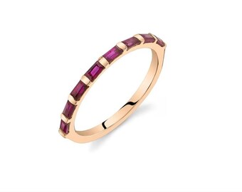 Dainty Ruby Baguette Band: 14k Gold Plated Sterling Silver Ring