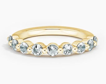 18k Aquamarine & Sterling Silver Wedding Band Ring