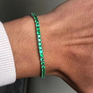 Round Cut Emerald Sapphire Tennis Chain Bracelet14k Gold Bezel Set Emerald Tennis Bracelet, Emerald Layering Bracelet anniversary Women Gift