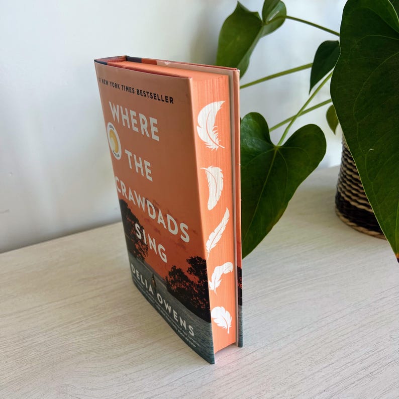May include: A paperback book titled "Where the Crawdads Sing" by Delia Owens. The cover features a sunset scene with a person walking on a beach. The spine of the book is orange with white feathers.
