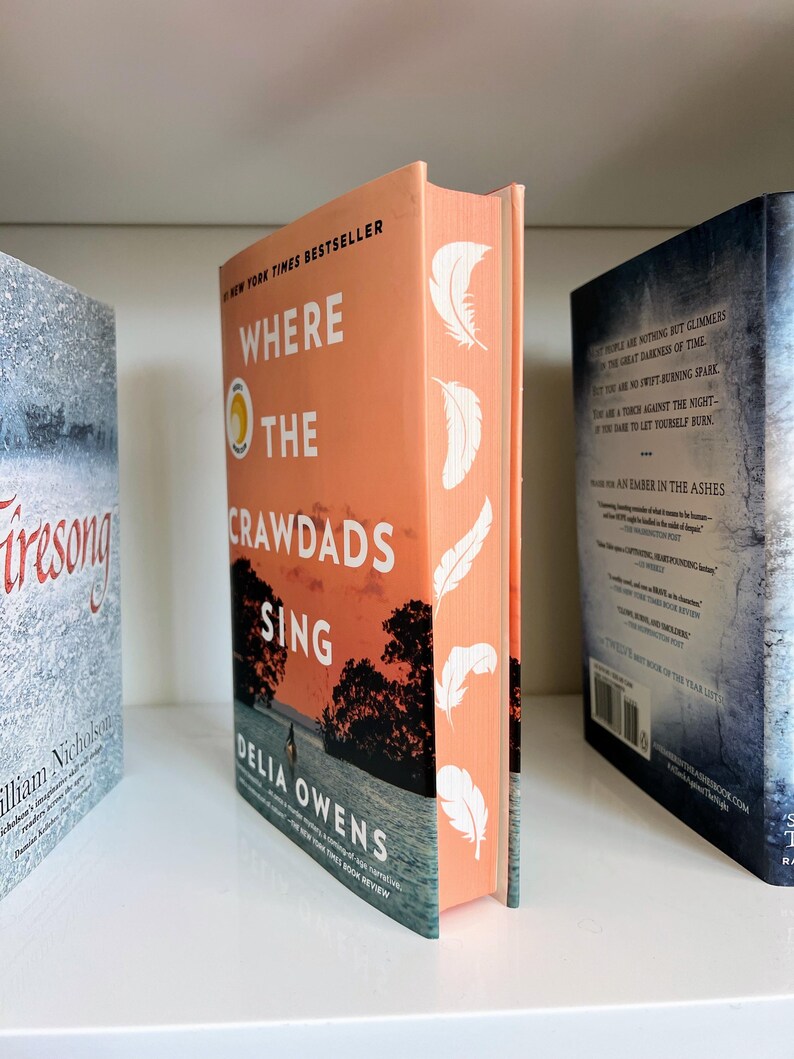 May include: A paperback book titled "Where the Crawdads Sing" by Delia Owens. The cover features a sunset over a body of water with a silhouette of a person walking on a beach. The book is a New York Times bestseller.