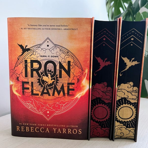 Iron Flame édition spéciale pulvérisée par Rebecca Yarros, bords pulvérisés dragon noir et rouge/or, pages au pochoir, livre de la série Fourth Wing