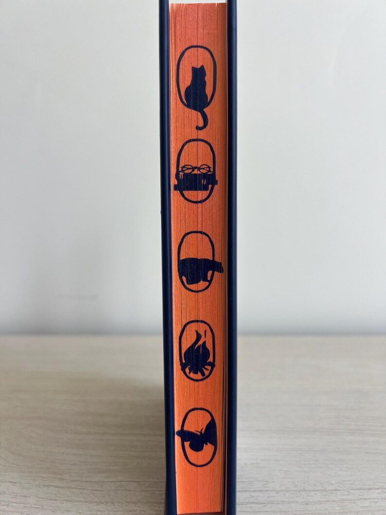 May include: The spine of a book with five orange icons on a blue background. The icons are a cat, a pair of glasses, a bird, a fire, and a butterfly.