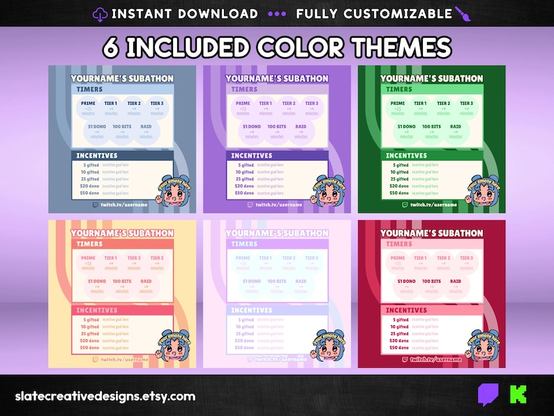 Stream subathon template for Twitch and Kick streamers or VTubers simple basic style, multiple formats and color themes, easy to edit in Canva, instant download