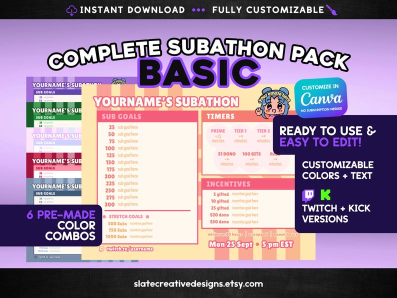 Stream subathon template for Twitch and Kick streamers or VTubers simple basic style, multiple formats and color themes, easy to edit in Canva, instant download