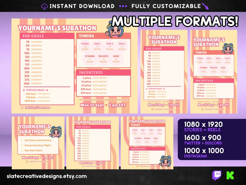 Stream subathon template for Twitch and Kick streamers or VTubers simple basic style, multiple formats and color themes, easy to edit in Canva, instant download