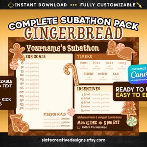 May include: A digital download for a "Complete Subathon Pack" with a gingerbread theme. The design includes sub goals, timers, and incentives, with customizable colors and text. It is ready to use and easy to edit.