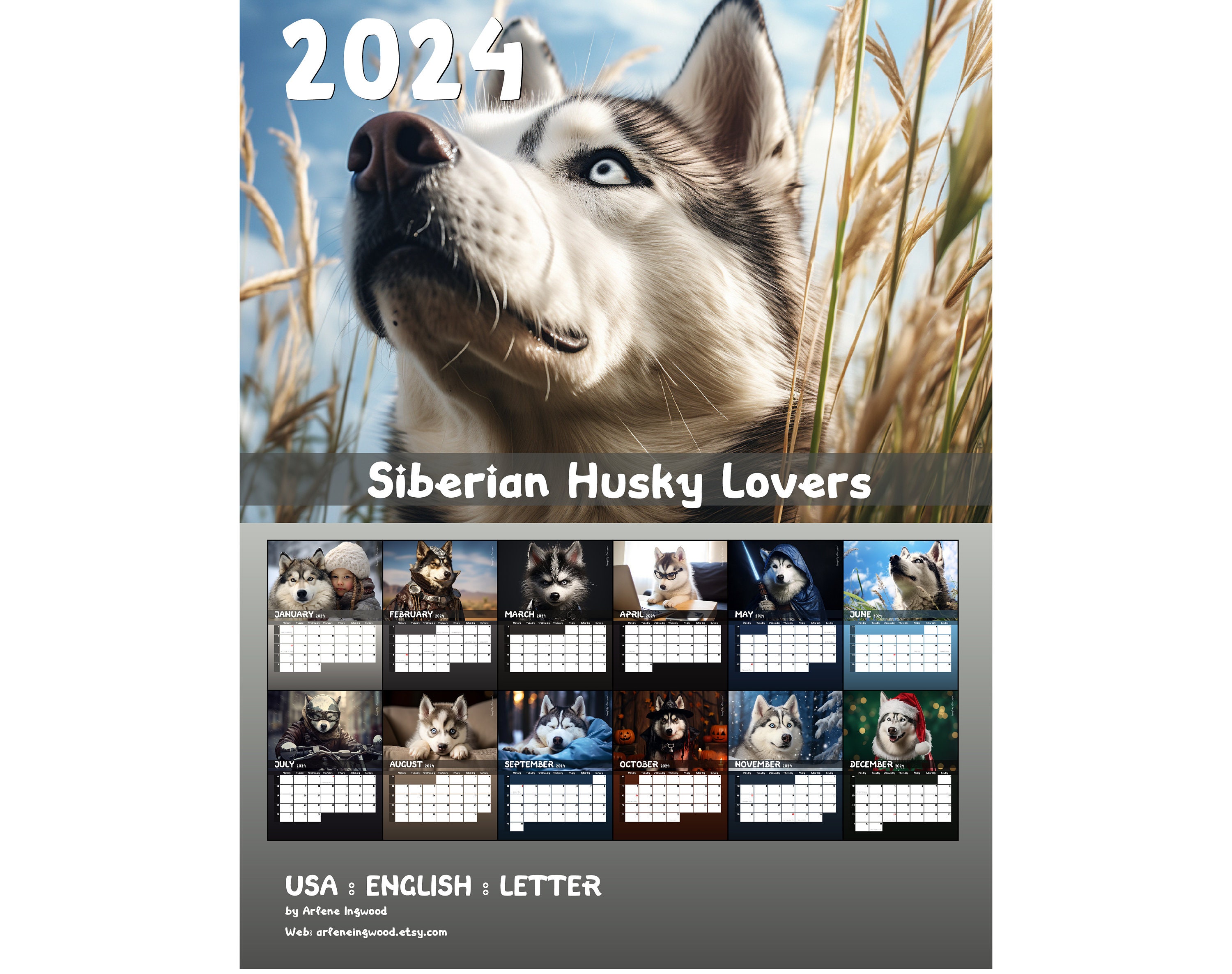 2024 Siberian Husky Calendar Printable USA Etsy
