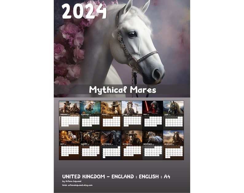 Mythical Mares 2024 Calendar Printable United Kingdom Etsy