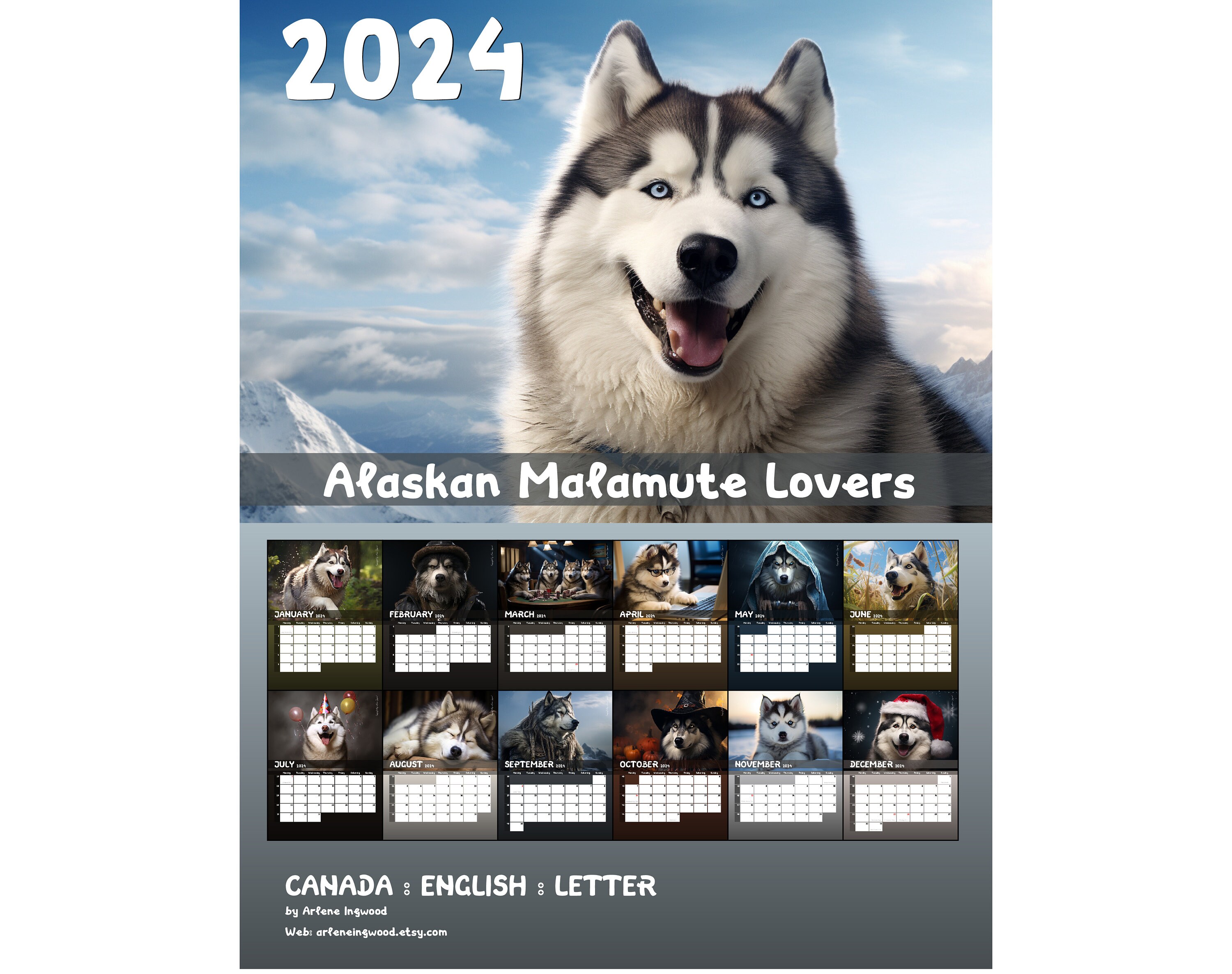 2024 Alaskan Malamute Calendar Printable Canada Etsy