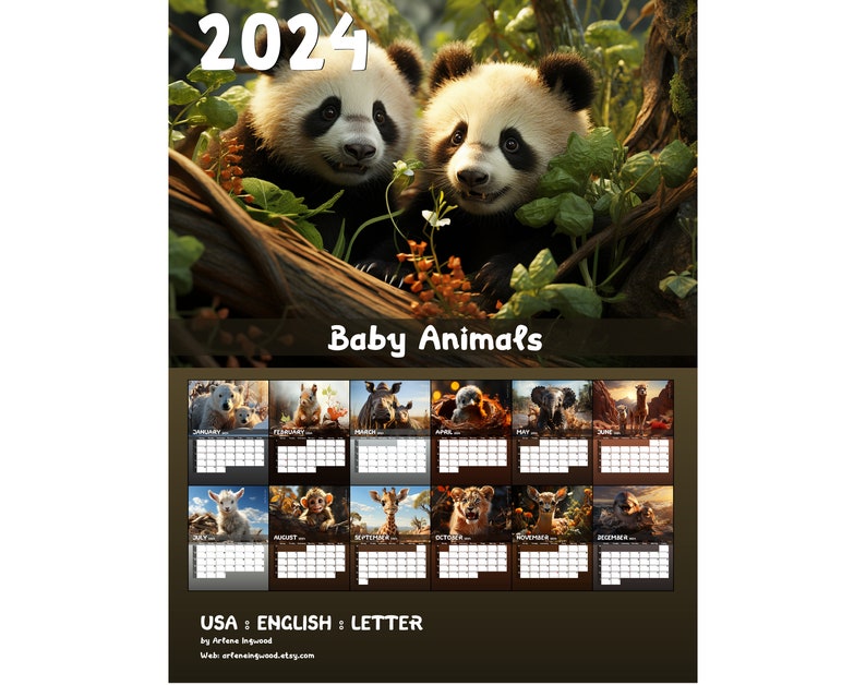 2024 Baby Animals Calendar Printable PDF Worldwide Etsy