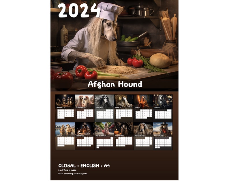2024 Afghan Hound Calendar Printable Worldwide Etsy