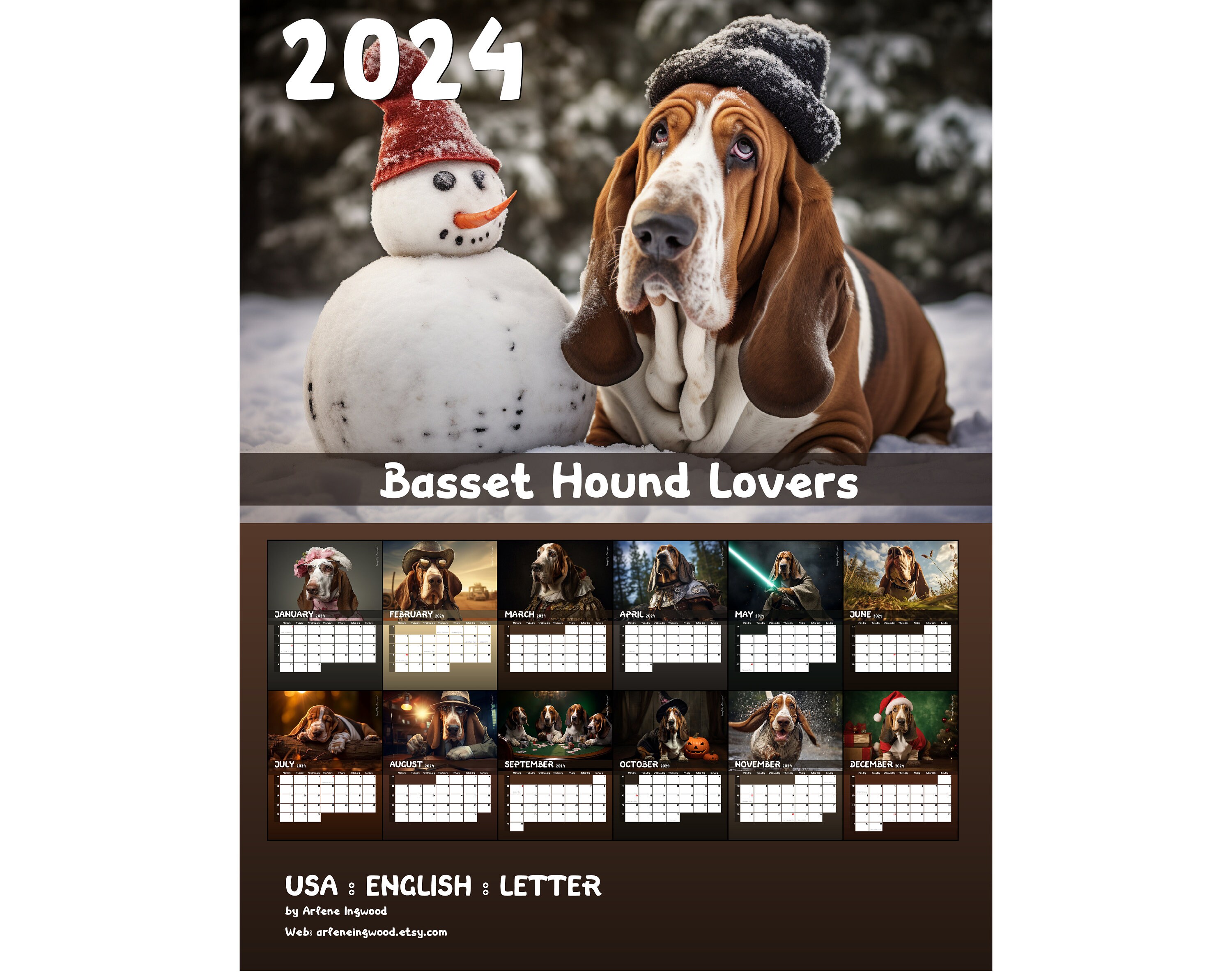 2024 Basset Hound Calendar Printable USA Etsy