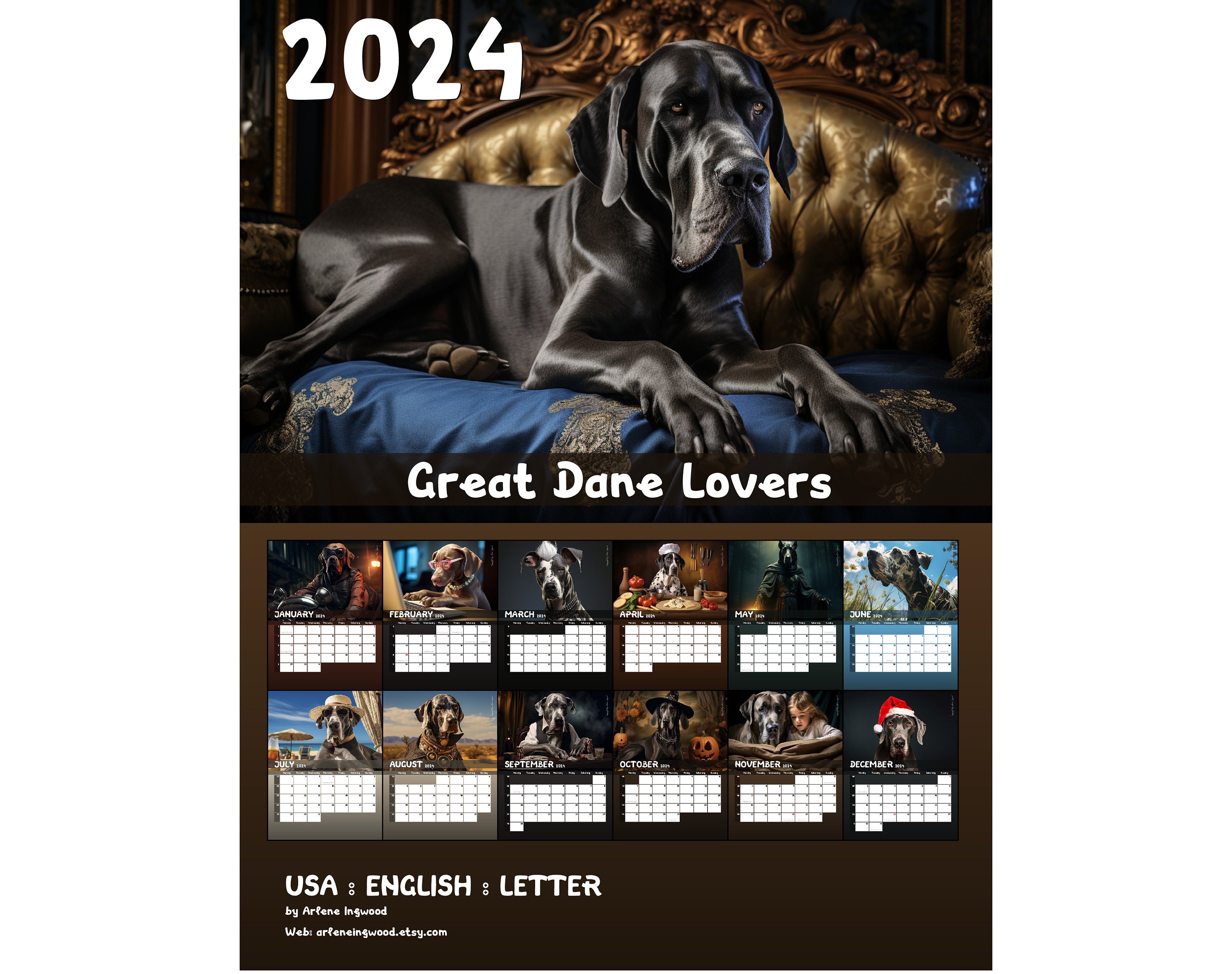 2024 Great Dane Calendar Printable USA Etsy
