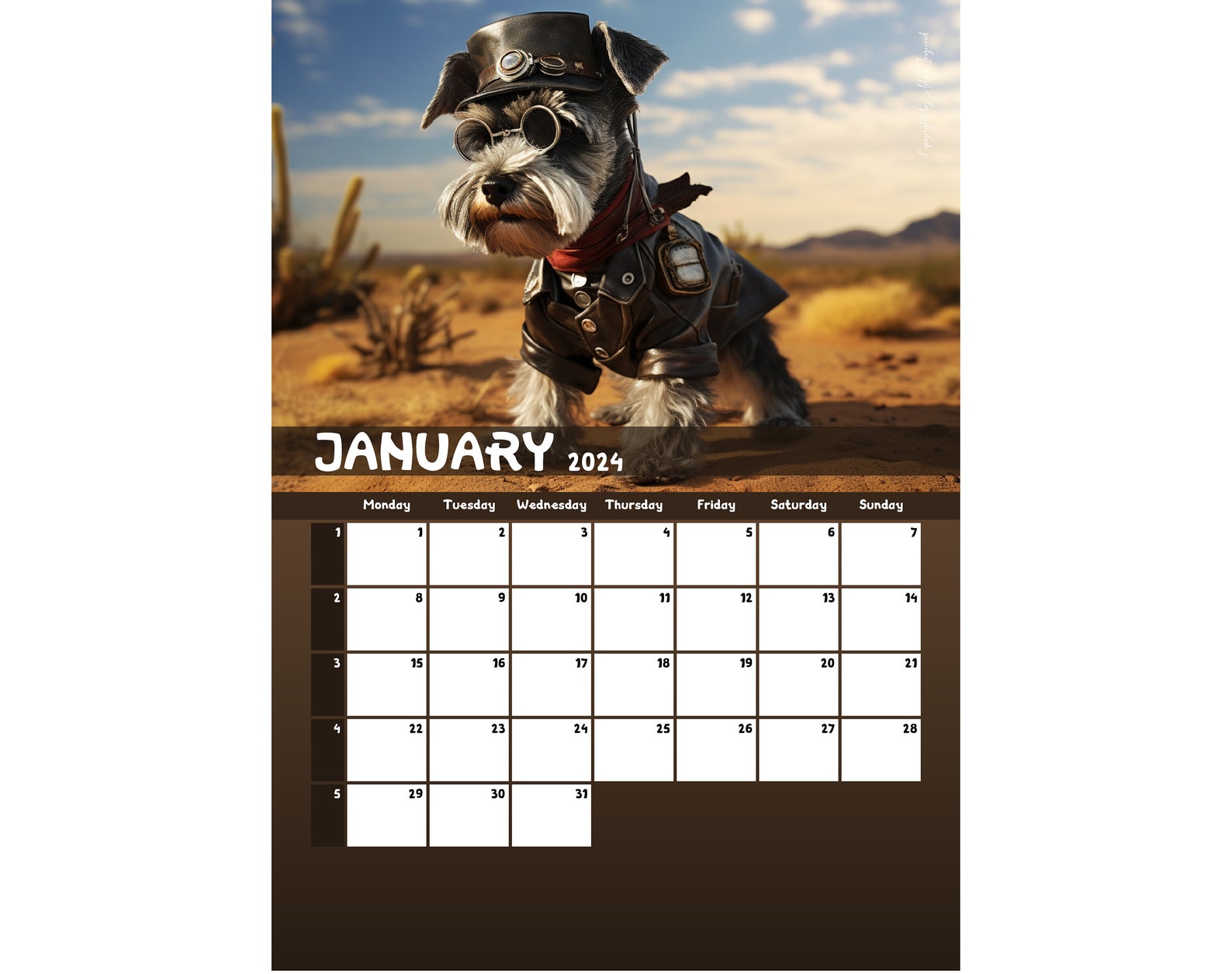 2024 Miniature Schnauzer Calendar Printable Worldwide no Holiday