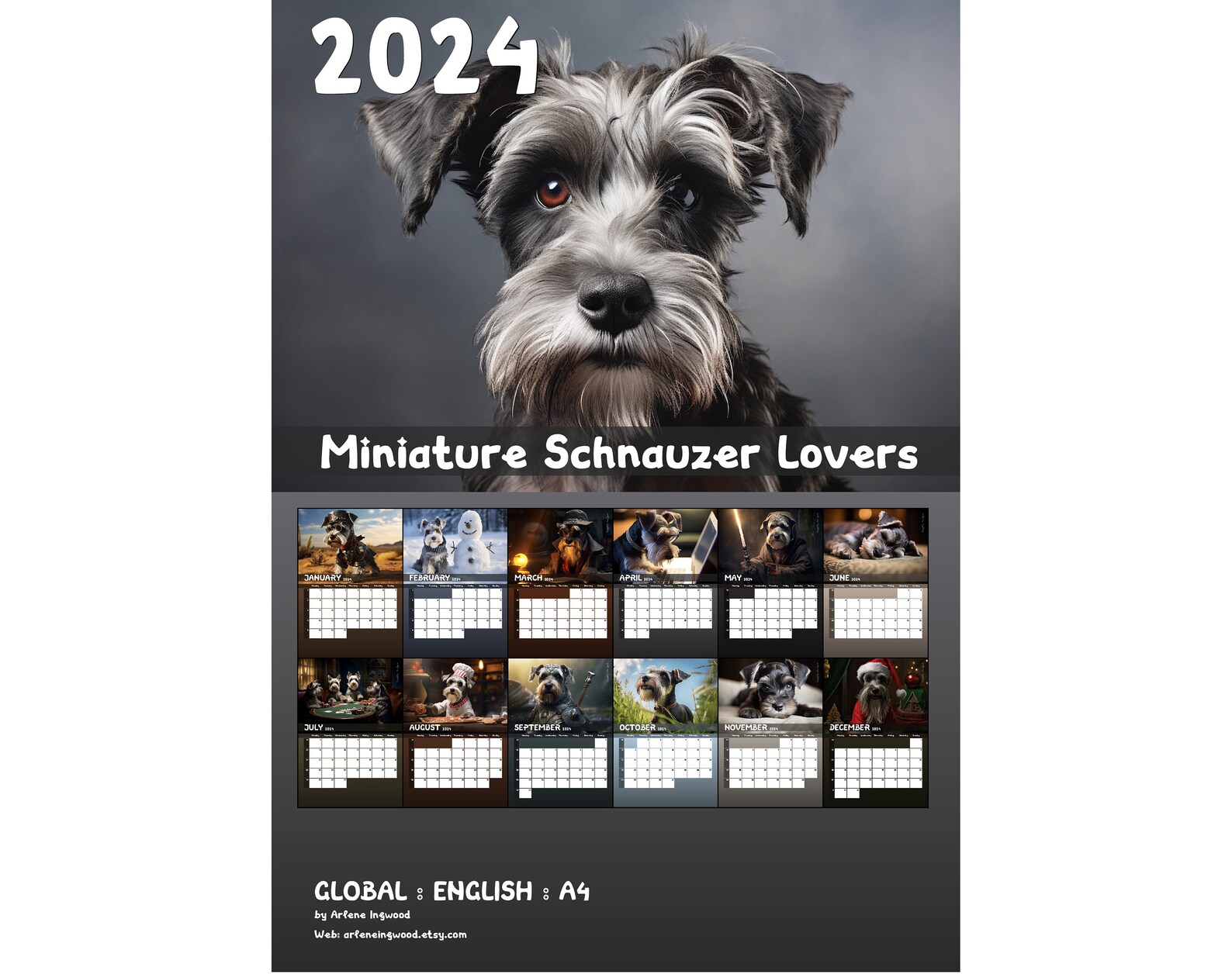 2024 Miniature Schnauzer Calendar Printable Worldwide no Holiday