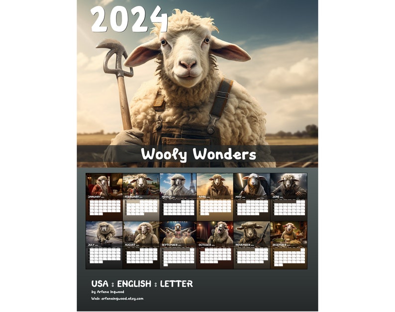 Wooly Wonders 2024 Calendar Printable USA Etsy