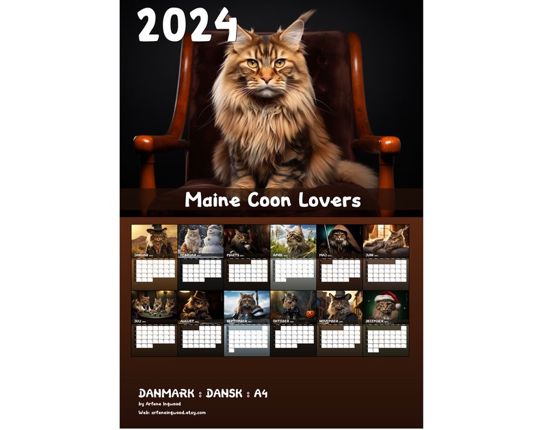 2024 Maine Coon Calendar Printable Scandinavia Etsy Australia