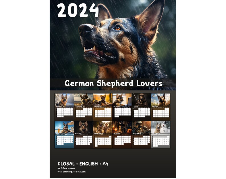 2024 German Shepherd Calendar Printable Worldwide Etsy