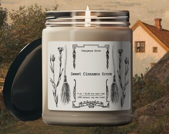 Sweet Cinnamon Broom Soy Candle | 9oz 50-60 hr burn | Witchy Gift | Whismigoth Art Nouveau Autumnal |