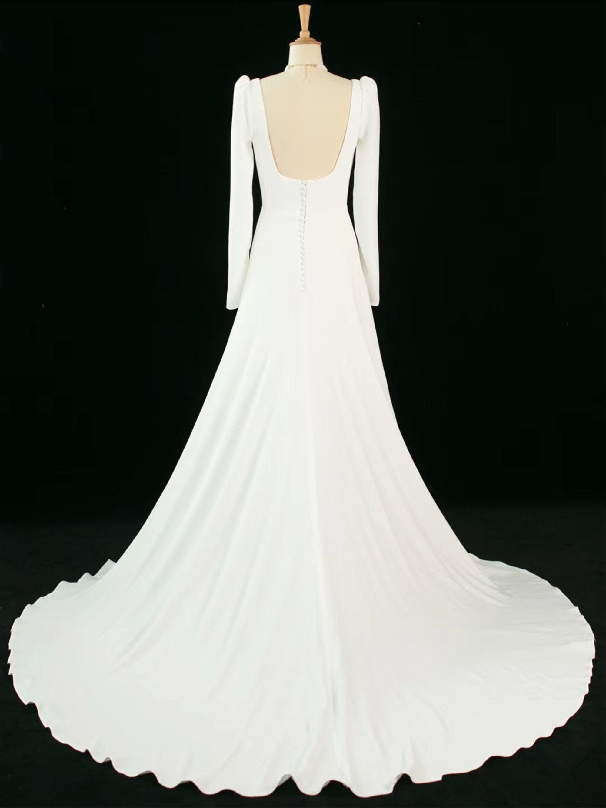 Long Sleeve Cathedral Wedding Dress White Satin Bridal Dress Etsy
