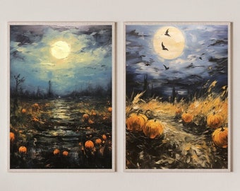 Spooky Pumpkin Patch Set of Two, Halloween Art Print, Halloween Decor, Pumpkin Art, Vintage Halloween, Printable Wall Art, Digital Download