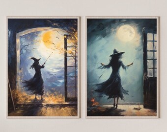 Spooky Witch Set of Two, Halloween Art Print, Halloween Decor, Witch Art Print, Vintage Halloween, Printable Wall Art, Digital Download