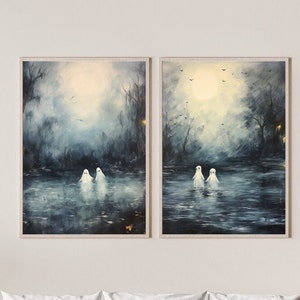 Two Ghosts at lake Set of Two, Halloween Art Print, Halloween Decor, Ghosts Art Print, Vintage Halloween Printable Wall Art Digital Download