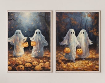 Ghosts Trick or Treating, SET OF 2, Halloween Art Print, Halloween Decor, Art Print, Vintage Halloween, Printable Wall Art, Digital Download