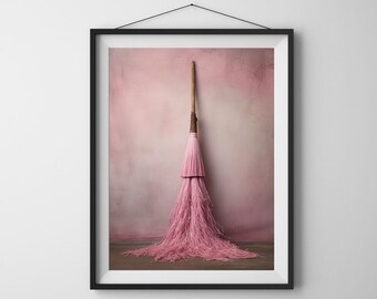 Witch Pink Broom - Halloween Art Prints, Halloween Digital Prints, Halloween Printable Art, Fall Wall Decor