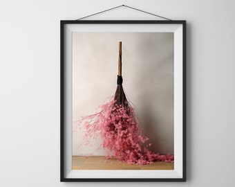 Witch Pink Floral Broom - Halloween Art Prints, Halloween Digital Prints, Halloween Printable Art, Fall Wall Decor