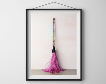Witch Pink Broom - Halloween Art Prints, Halloween Digital Prints, Halloween Printable Art, Fall Wall Decor