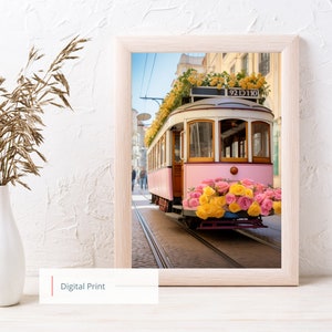Lisbon Trolley with Pink Roses - Digital Print - Printable Art (Up to 11x14 inches) - No Physical Print, Personal Use Only