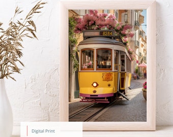 Lisbon Trolley with Pink Roses - Digital Print - Printable Art (Up to 11x14 inches) - No Physical Print, Personal Use Only