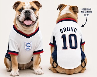 Personalised England Dog Football T-Shirt | Custom Name & Number | 3 Dogs Pet Football shirt