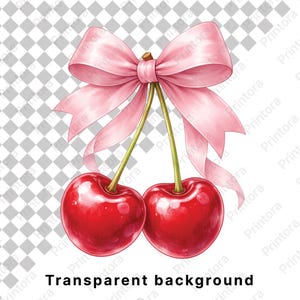 May include: A digital illustration of two ripe red cherries with green stems, tied together with a large pink bow. The text "Transparent background" is at the bottom of the image.