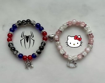 Spiderman and Hello Kitty Matching bracelets with heart magnet