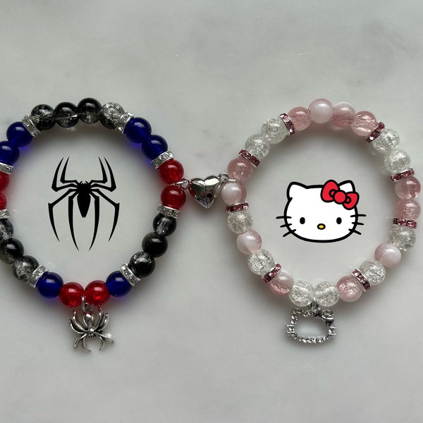 Spiderman and Hello Kitty Matching bracelets with heart magnet