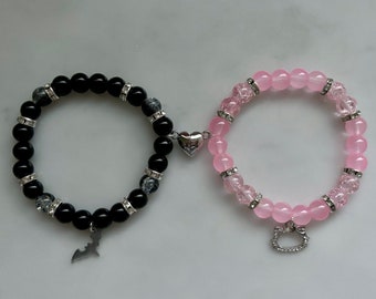 Bat Superhero and Hello Kitty Matching bracelets with heart magnet