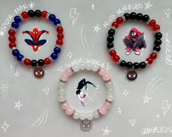 Spiderman, Miles Morales and Gwen Stacy Matching Bracelet With Heart Magnet