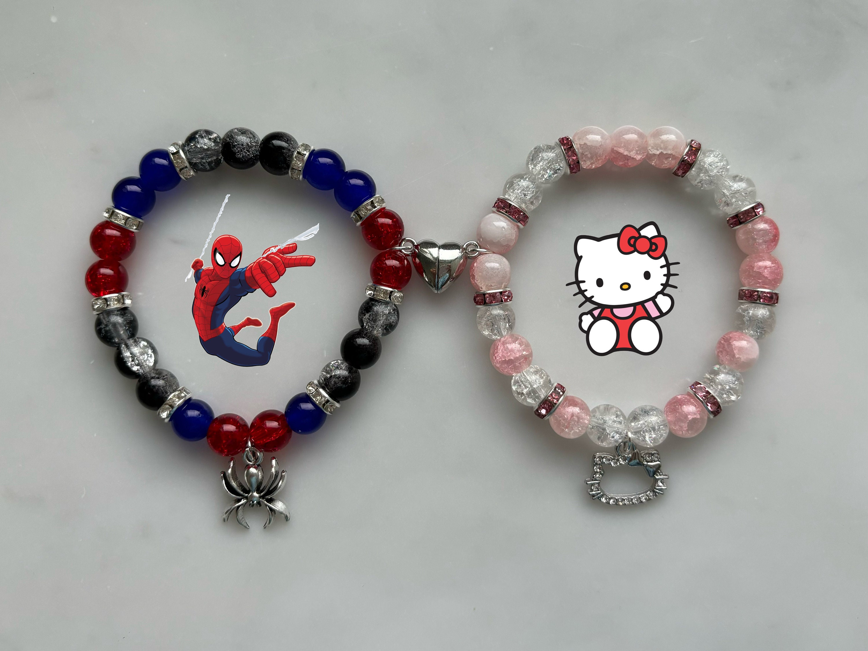 Spiderman and Hello Kitty Matching Bracelets With Heart Magnet 