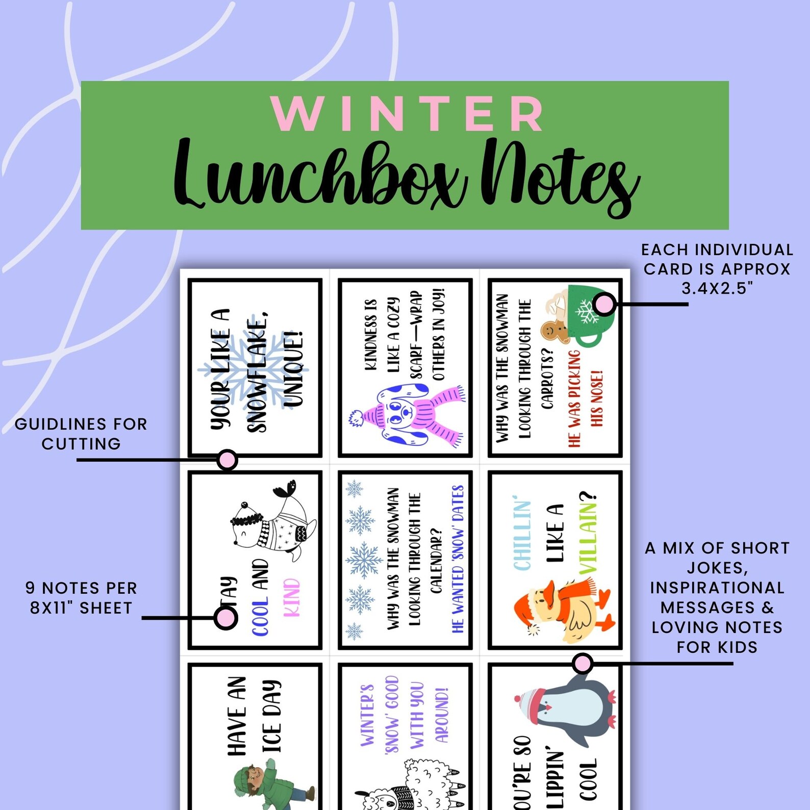 Winter Lunch Box Notes Cute Note Cards Printable Lunchbox Etsy