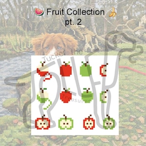 May include: A white graphic with pixelated apple illustrations in red and green. The text "Fruit Collection pt. 2" is at the top. A dog is visible in the background. The word "Treasures" is also visible.
