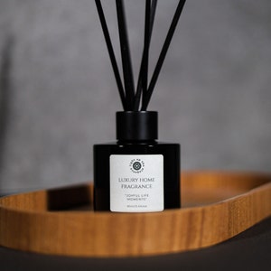 May include: Black diffuser bottle with black reeds and a white label that reads "Luxury Home Fragrance "Joyful Life Moments" 90ml/3.04oz"